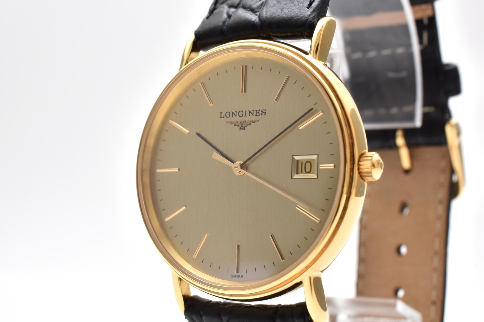 Vintage[Near MINT] LONGINES L4.720.2 Gold Dial Black New Batt Date Qz Mens JAPAN