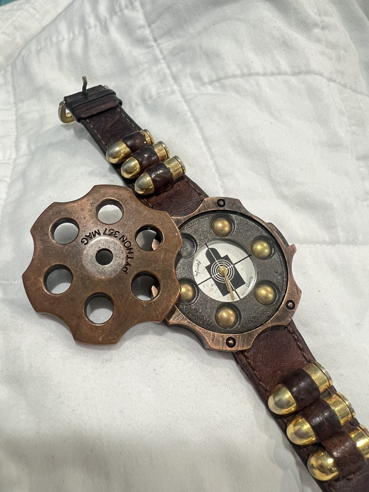 Python 357 Mag Revolver Cylinder Quartz Watch 41mm Men’s Leather Band Ammo