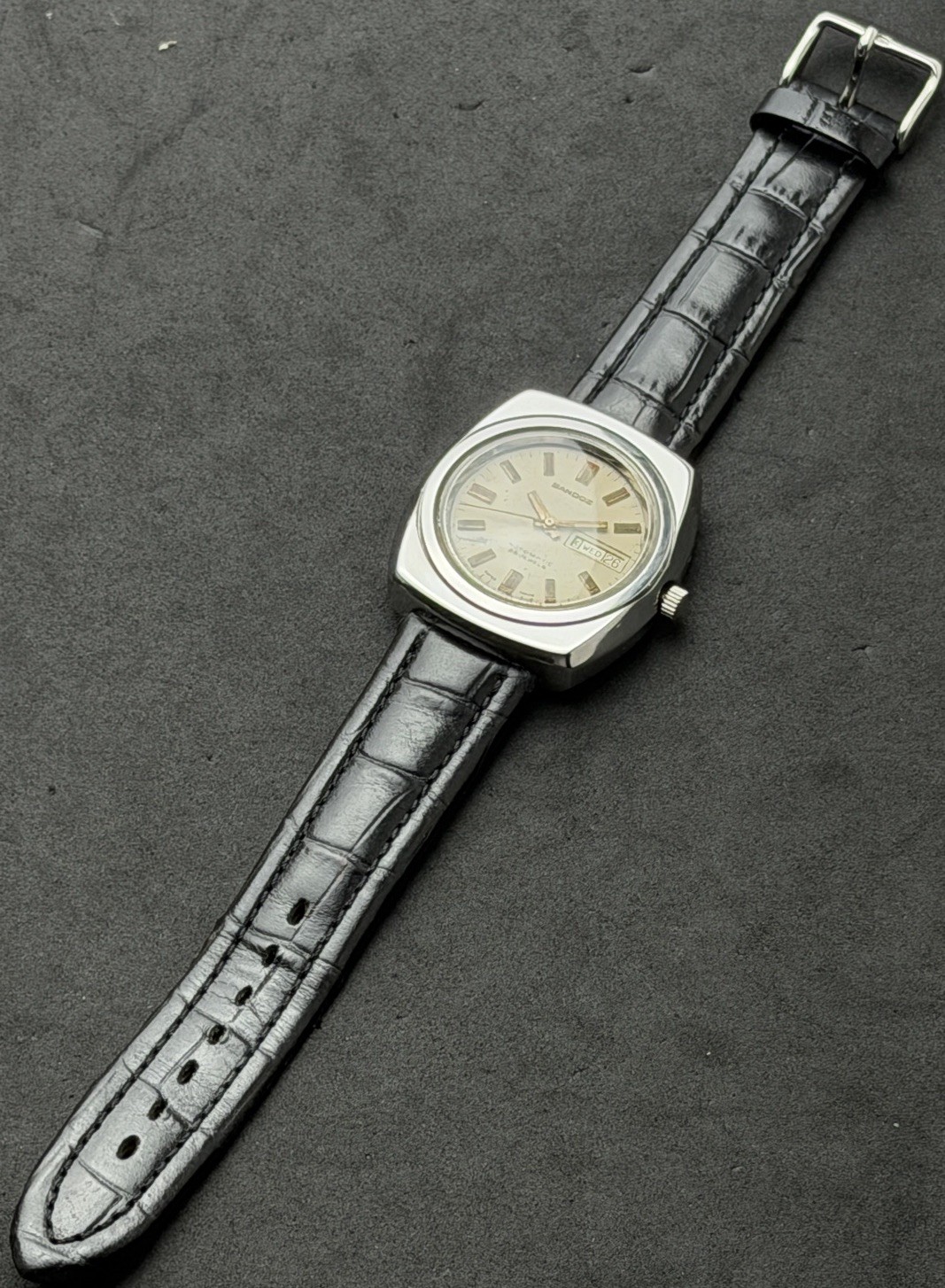 Vtg 1976 SANDOZ Day Date Men’s 40mm Automatic Watch 25 Jewels Steel Cream Dial