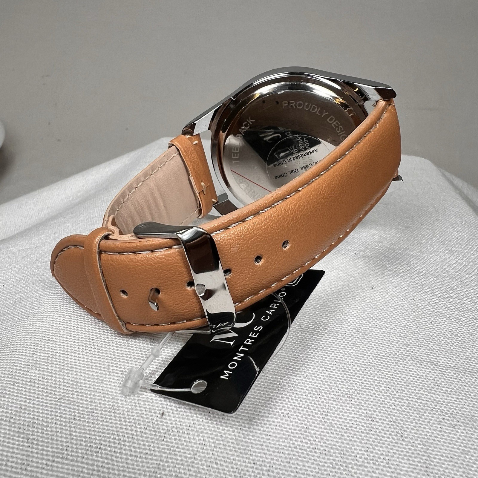 Montres Carlo Men’s Chronograph Black Dial Chrome Case Faux Leather Band 46mm