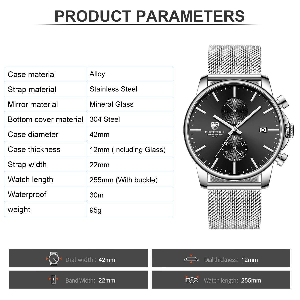 GOLDEN HOUR Men’s Watch Fashion Sleek Minimalist Quartz Analog silver black