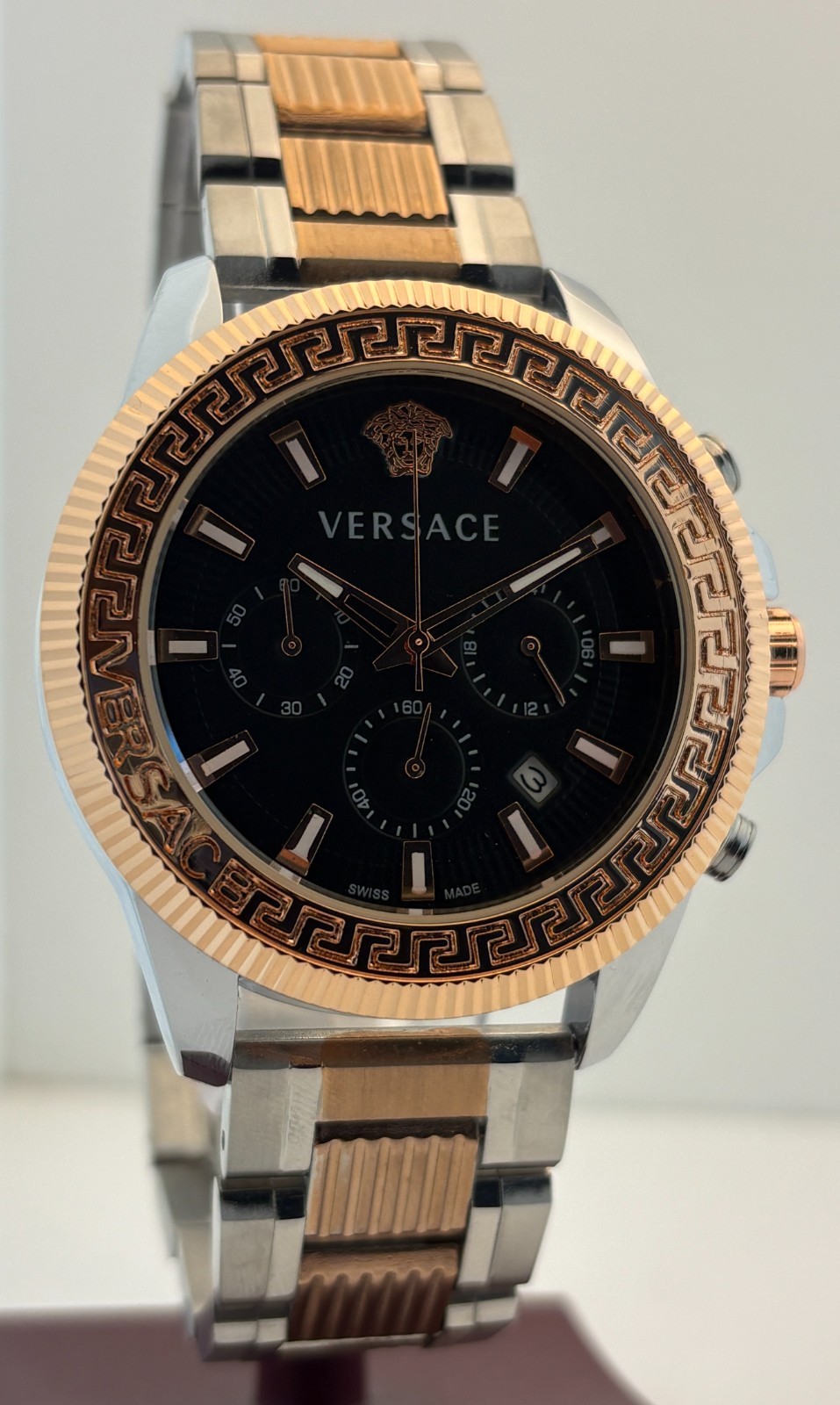 Refurbished Versace Greca Action Chrono Quartz Black Dial Two-Tone Wristwatch