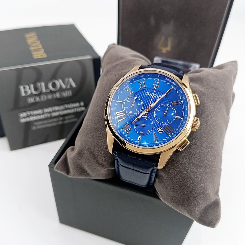 Bulova Wilton Blue Gold 97B170 Quartz & Chronograph Men’s Leather Watch 46.5mm