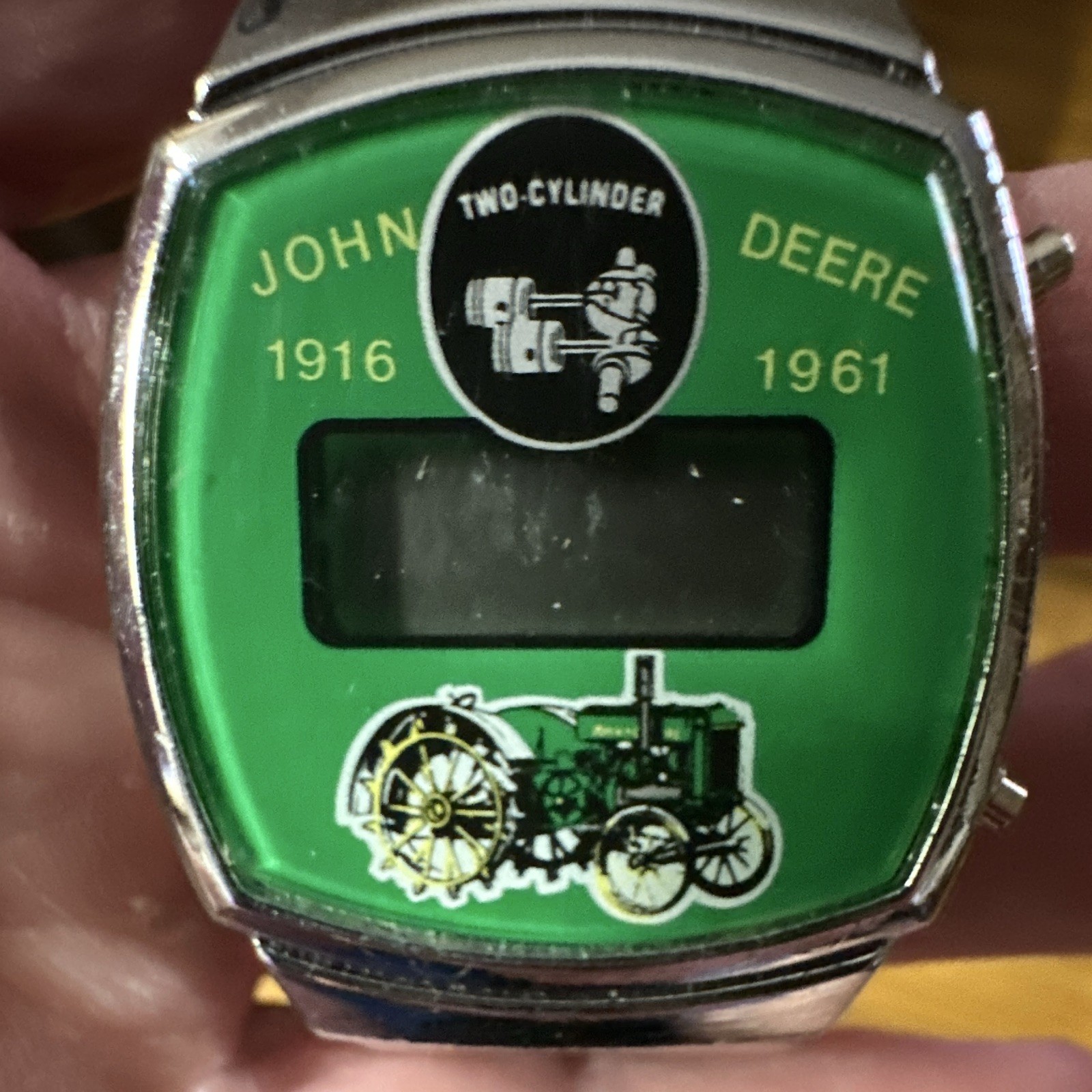 John Deere Two-Cylinder Digital Quartz Watch Green Dial Steel Bracelet w/ Box