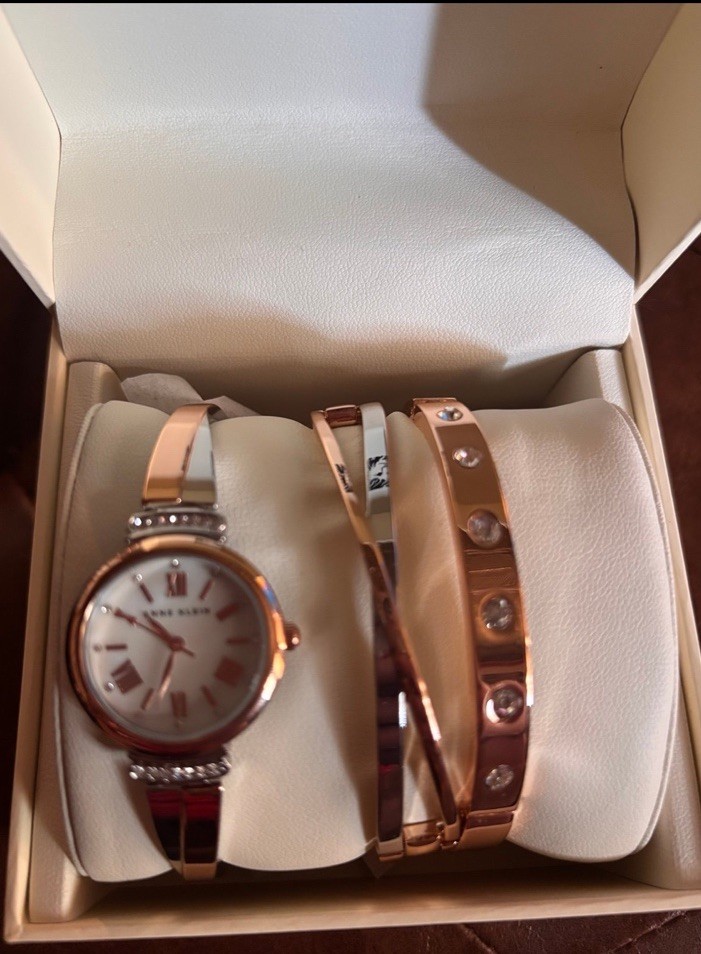 Anne Klein Rose Gold Tone Quartz Bracelet Watch Set w/ Bangles, Box