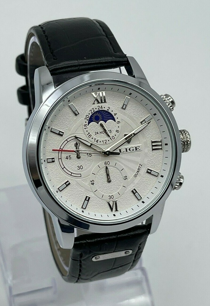 NEW Men’s LIGE Silver Tone Moonphase Chronograph Black Leather Dress Watch