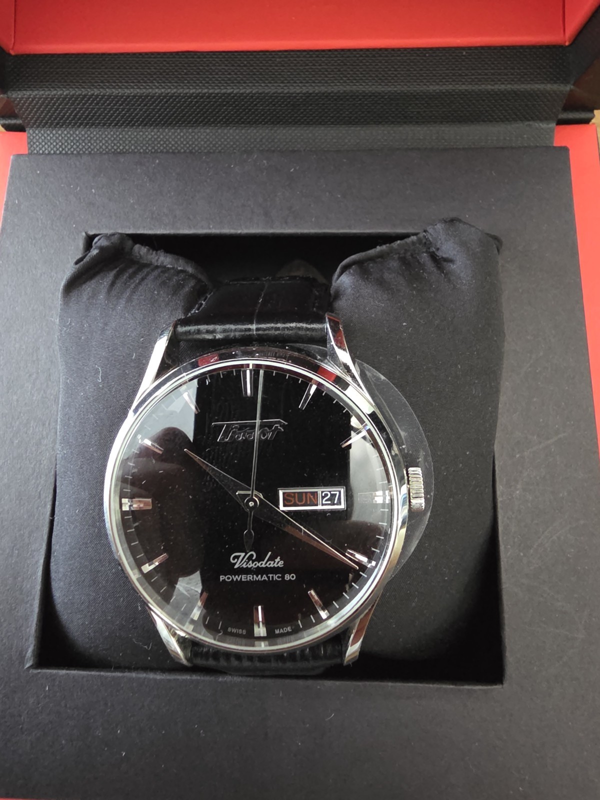 Tissot Visodate Powermatic 80 Men Automatic Black Dial Day-Date Leather Watch