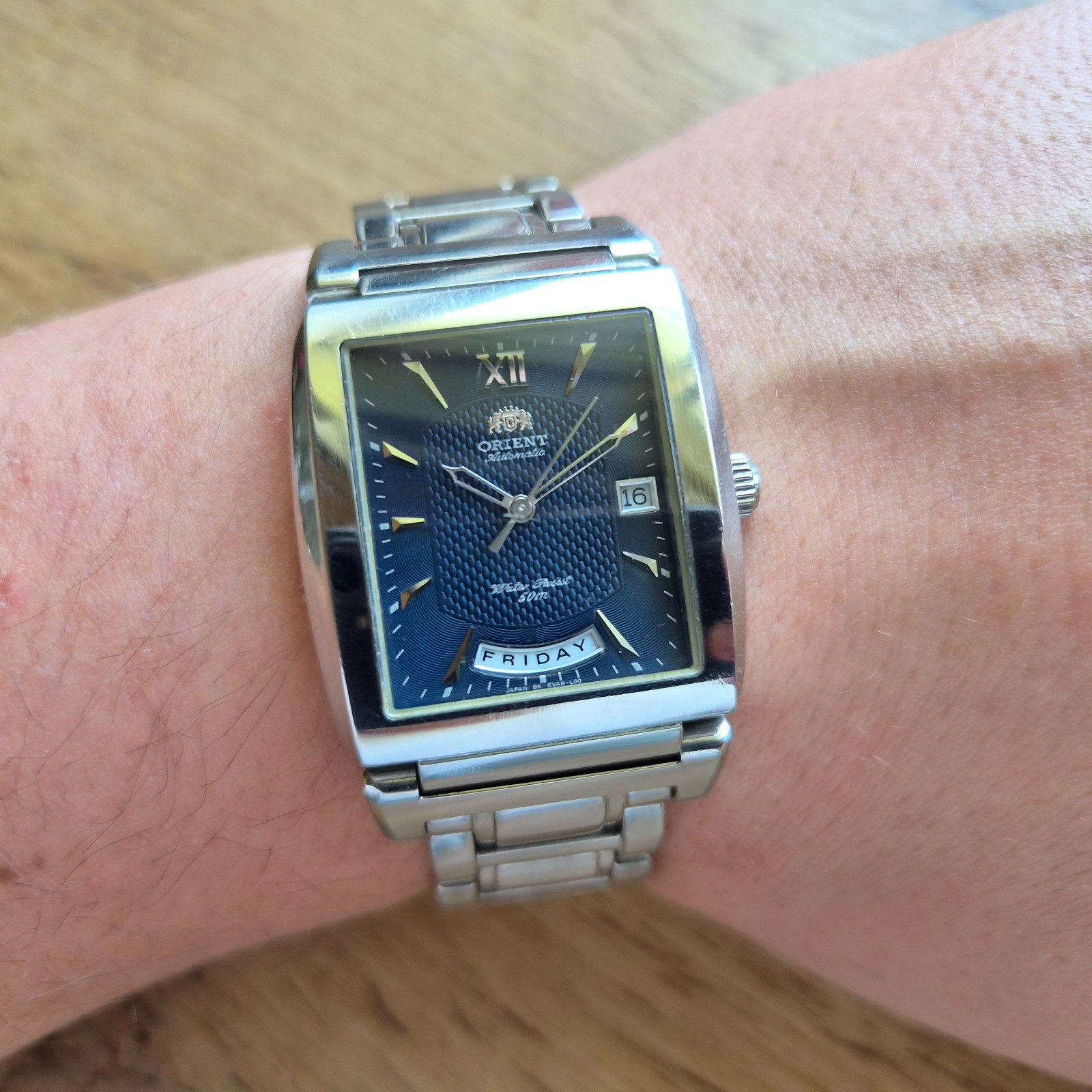 Orient President square watch Day date Automatic mechanical Japan blue watch