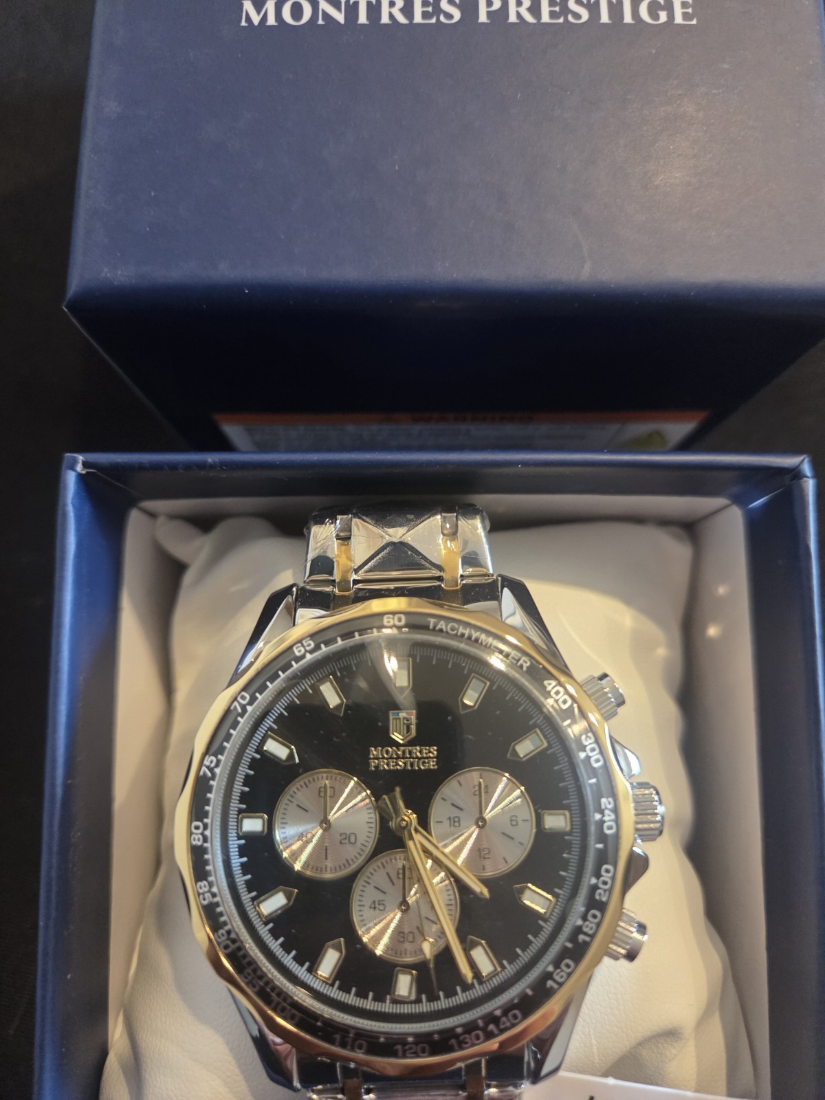 Montres Prestige MPW-0347 Mens Quartz Tachymeter Watch Black Dial 46mm Box