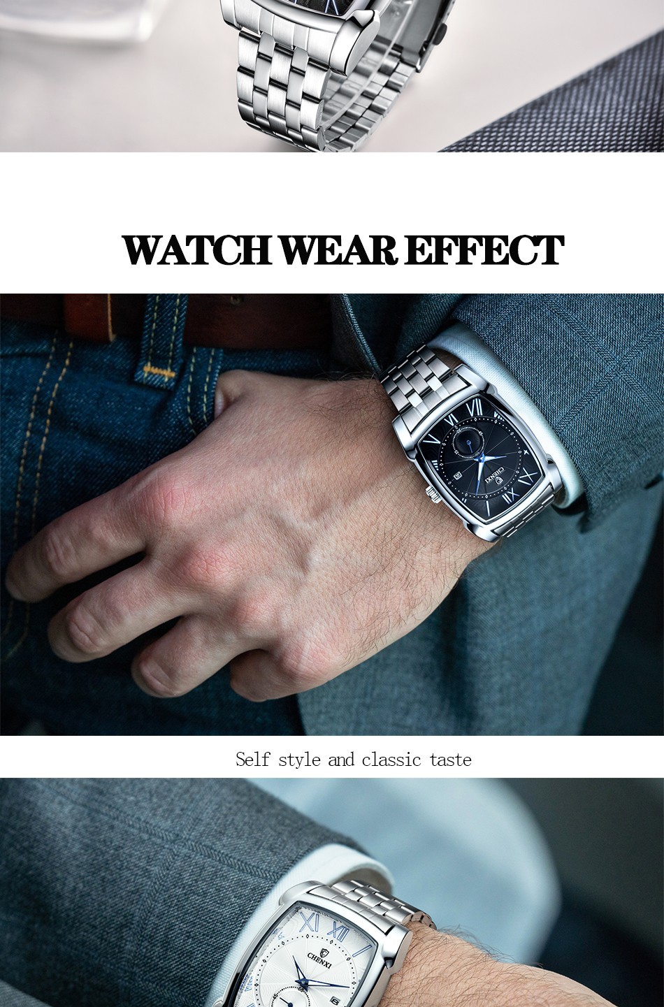 CHENXI Men’s Stainless Steel Rectangle Luminous Business Calendar Quartz Watch