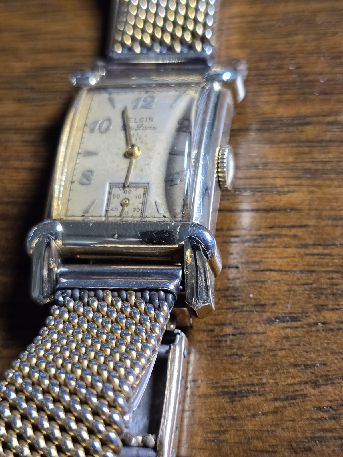 Vintage Elgin De Luxe Mechanical Watch Gold Filled Art Deco Tank Mesh Band