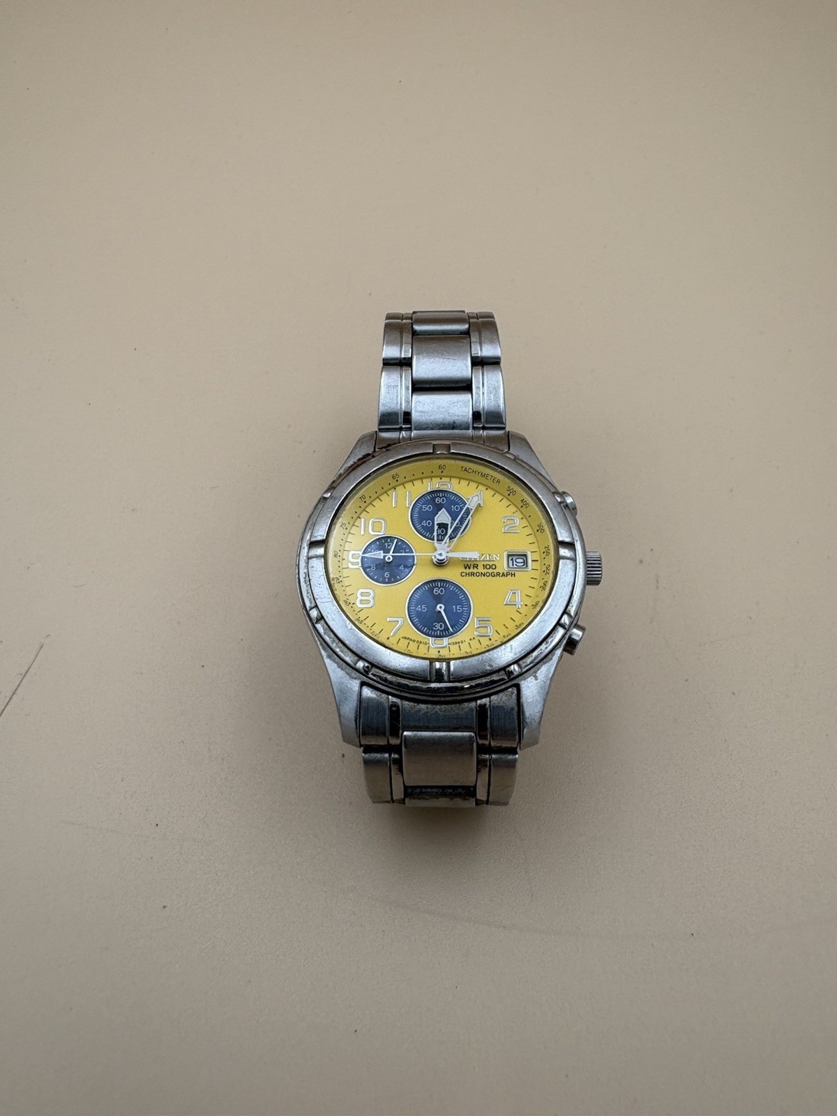 Citizen Chronograph WR100 Yellow Dial Stainless Steel Quartz Men’s Watch AS IS