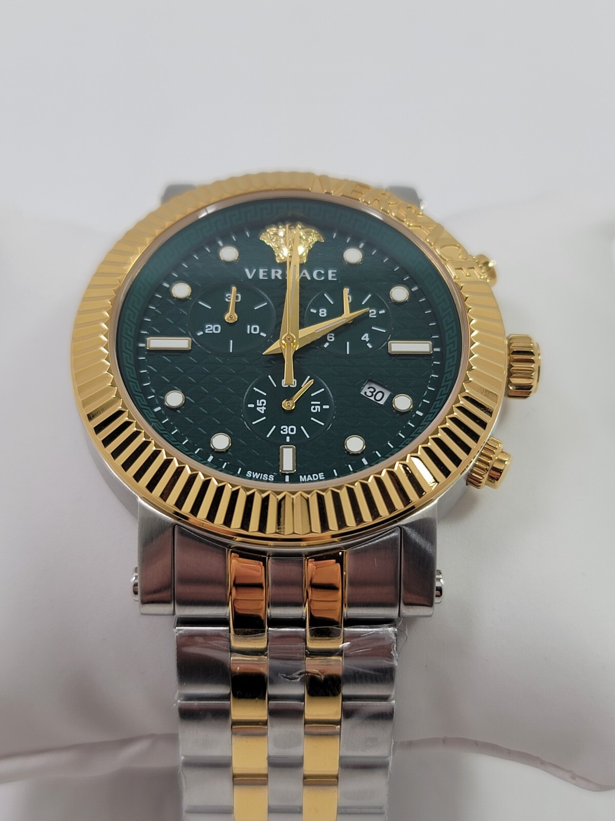 Versace V-Chrono Quartz Green Dial Two Tone Stainless Steel Mens Watch VESQ00722