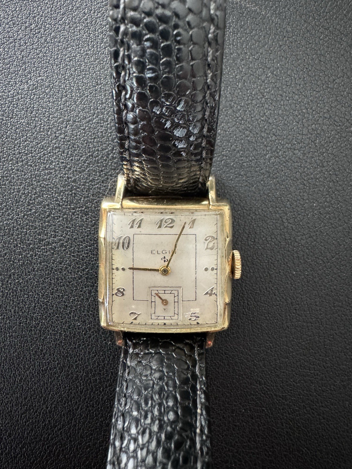 Elgin 1930s Vintage Manual Wind Square Gold Tone Wristwatch Black Leather