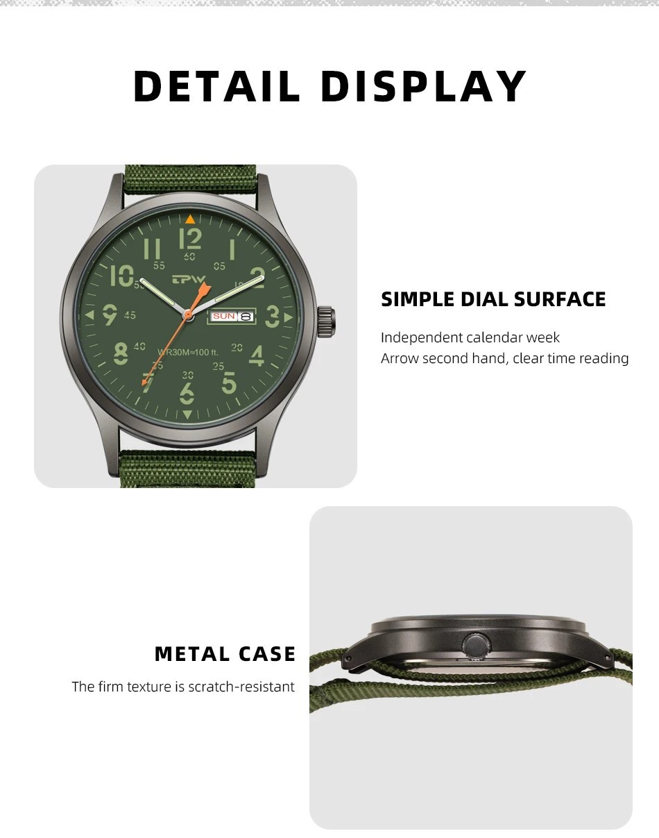 TPW 2026 Field Watch Quartz Military 24H Display Fabric Nylon Strap Easy Read