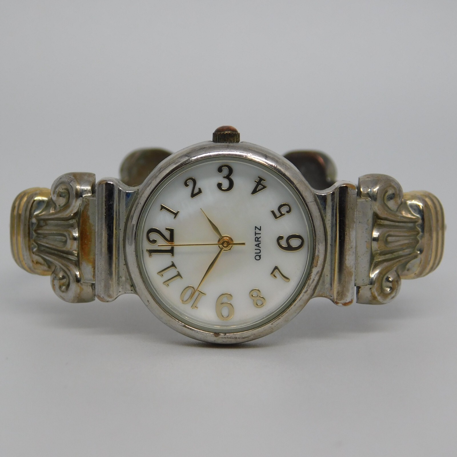 Mother-of-Pearl Dial Cuff Bracelet Quartz Women’s Watch New Battery Sz. 6″