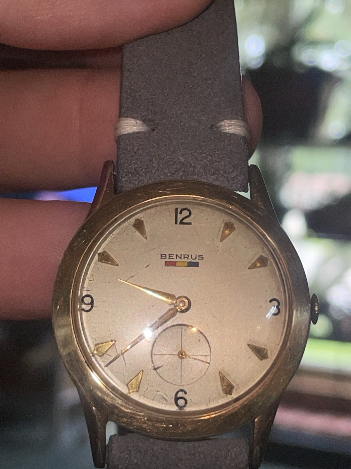 Benrus Manual Wind Dress Watch Gold Plated Silver Dial Gray Leather 32-35.9mm