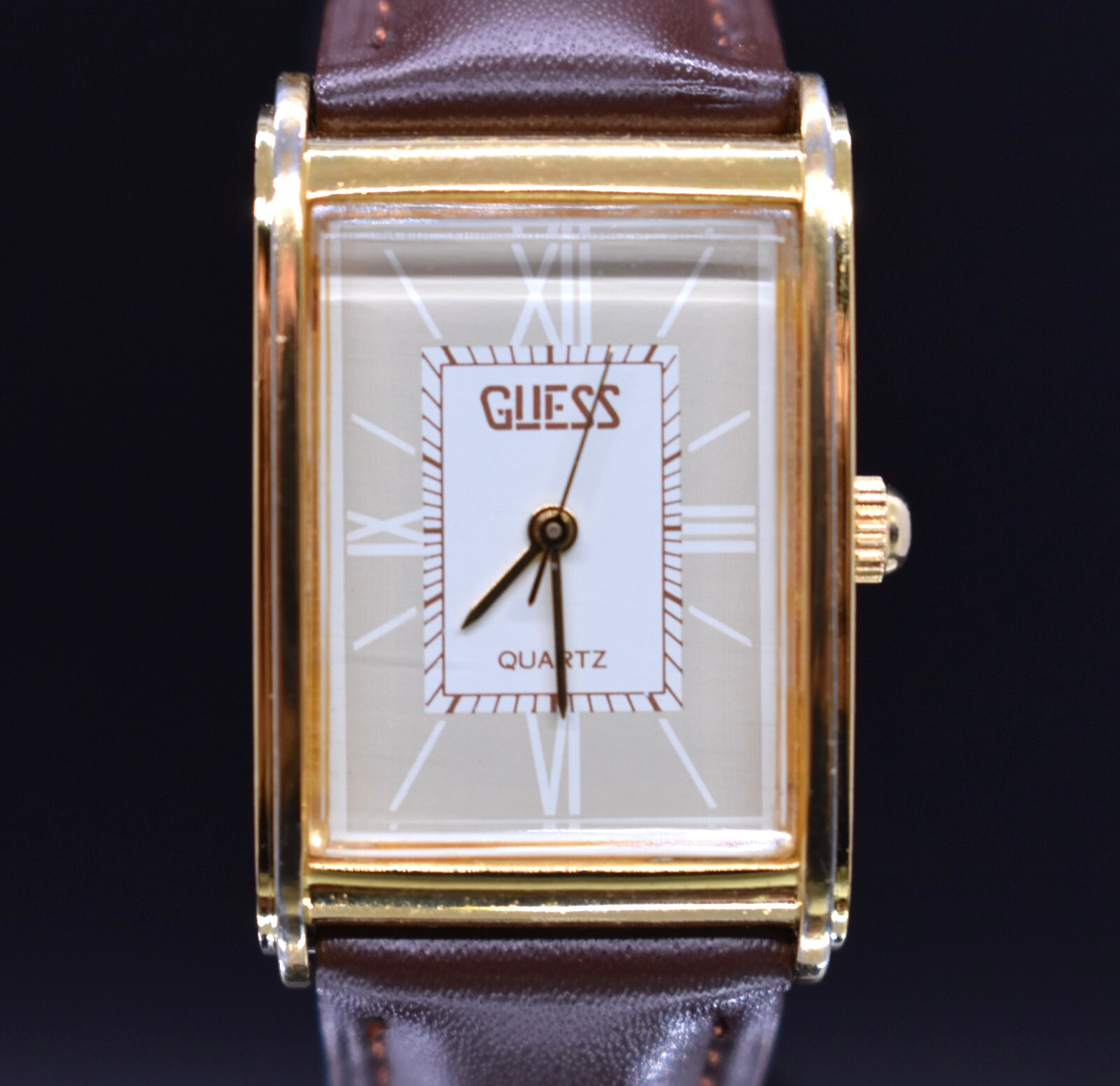 Vtg GUESS 1987 Tank Roman Numeral Watch Men Leather 80’s NEW BATTERY & BAND