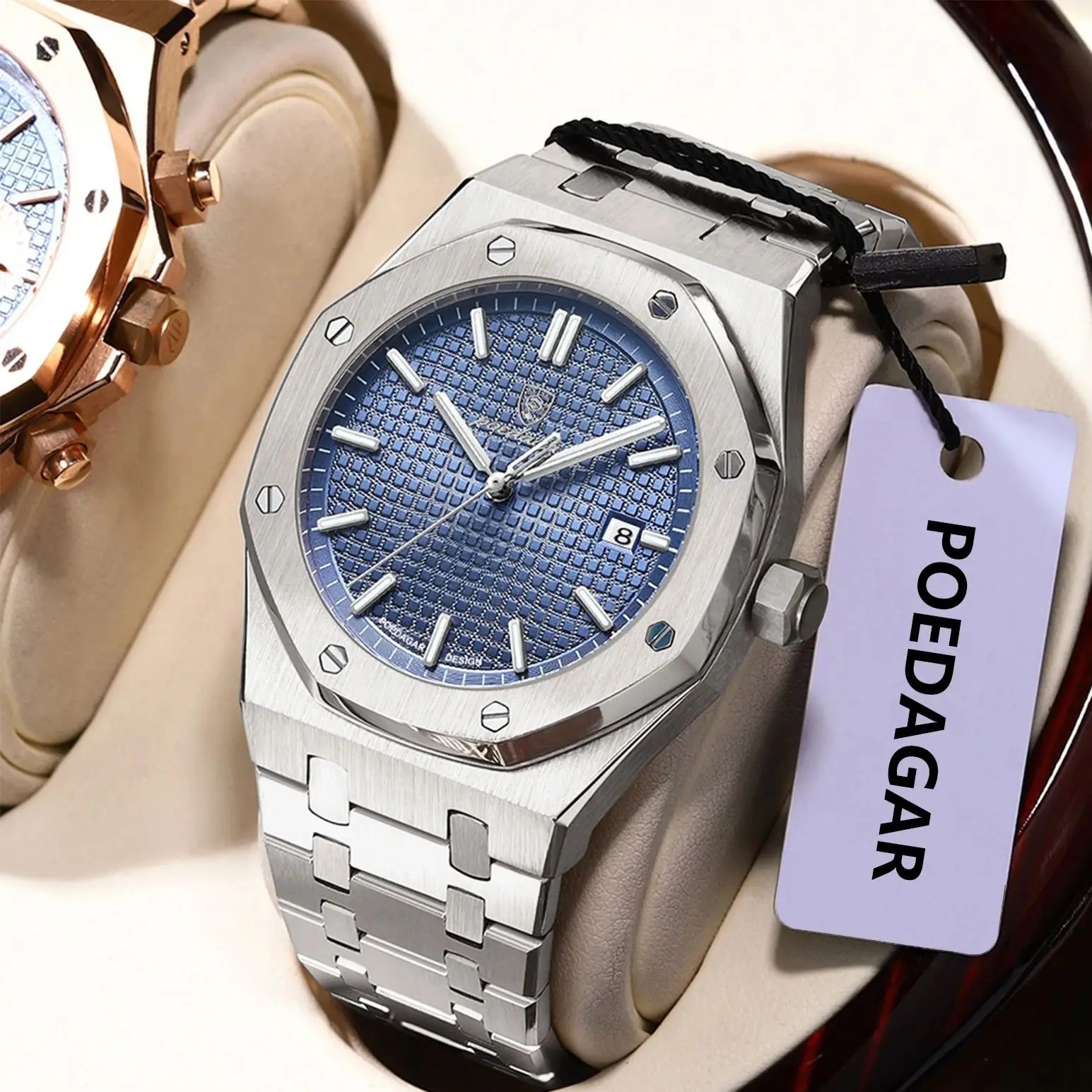 POEDAGAR Men Quartz Watch Date Luminous Waterproof Stainless Steel Business