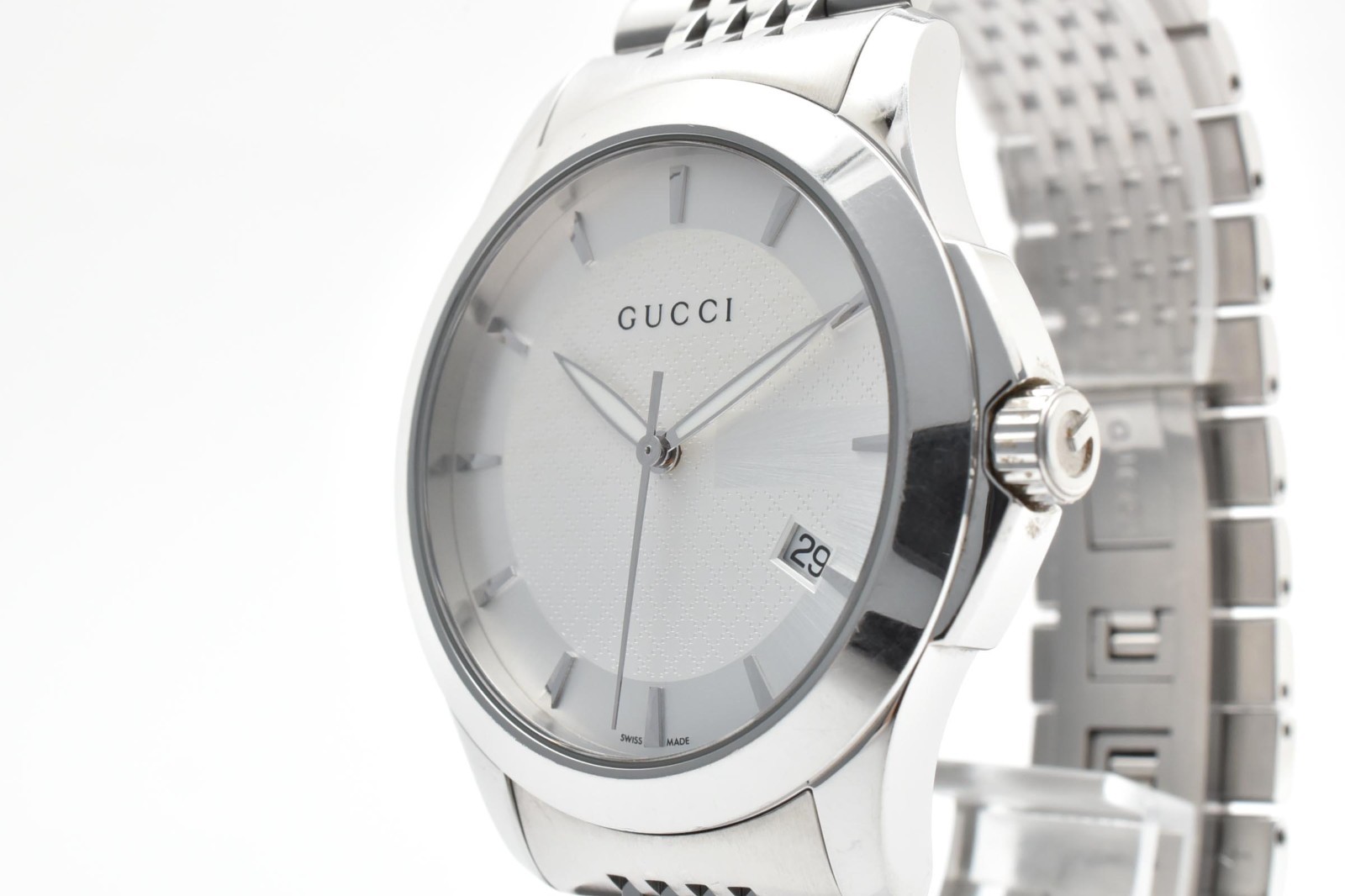 [Exc+5] GUCCI G-Timeless 126.4 Quartz Silver Dial Date Dress Men’s Watch 18cm