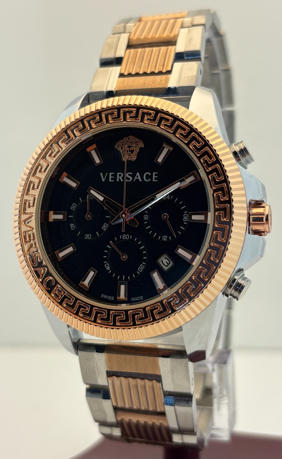 Refurbished Versace Greca Action Chrono Quartz Black Dial Two-Tone Wristwatch