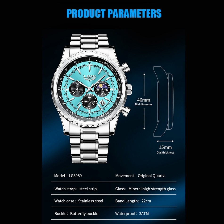 2024 Men Quartz Watch Stainless Steel Analog Luminous Date Waterproof Wristwatch