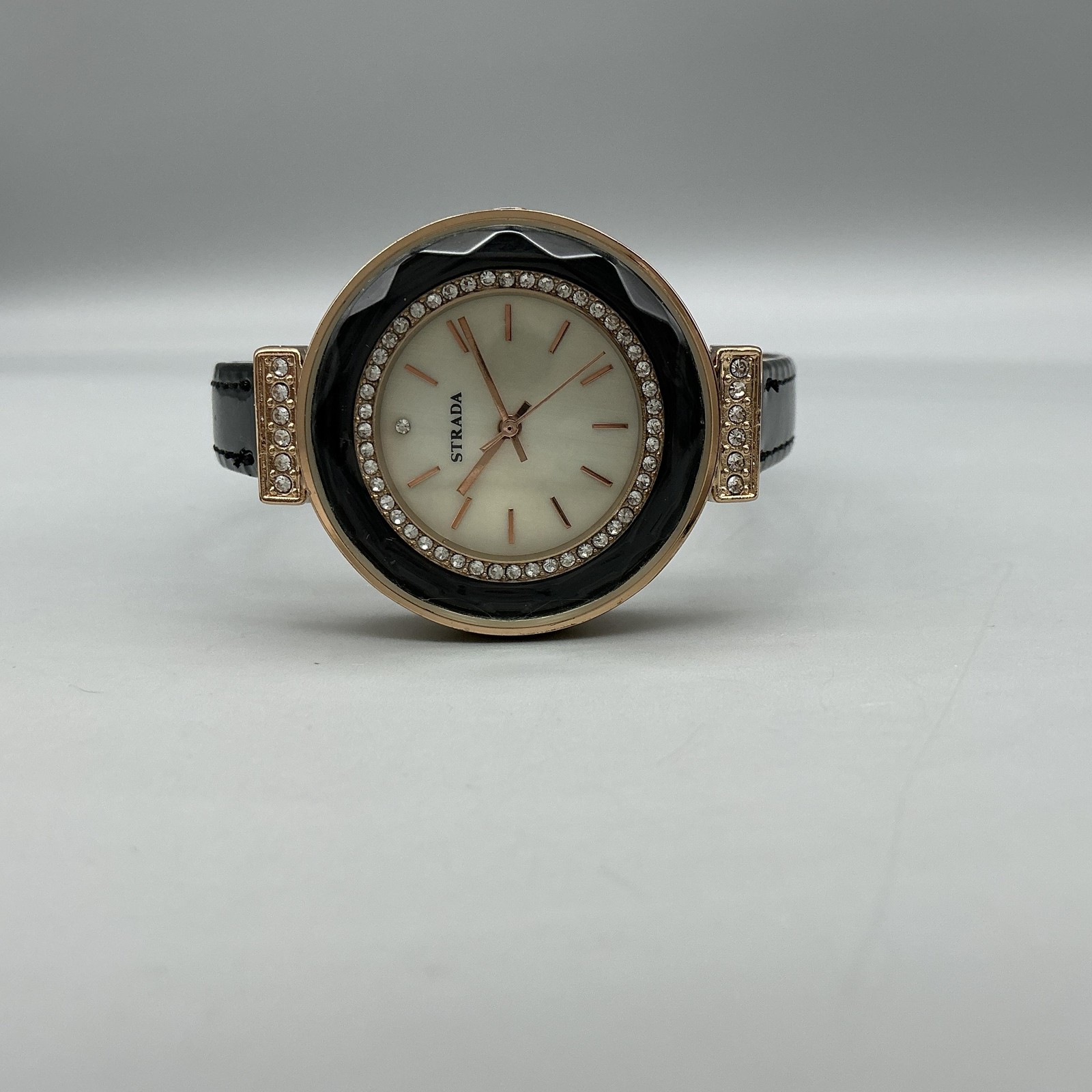 Strada Womens Dress Watch 35mm Cream Dial Faceted Crystal Bezel Black Strap