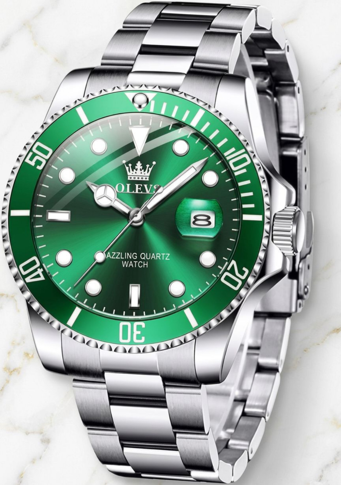 Men’s Waterproof Diver Quartz Silver Bracelet WristWatch Green Dial Bezel Olevs