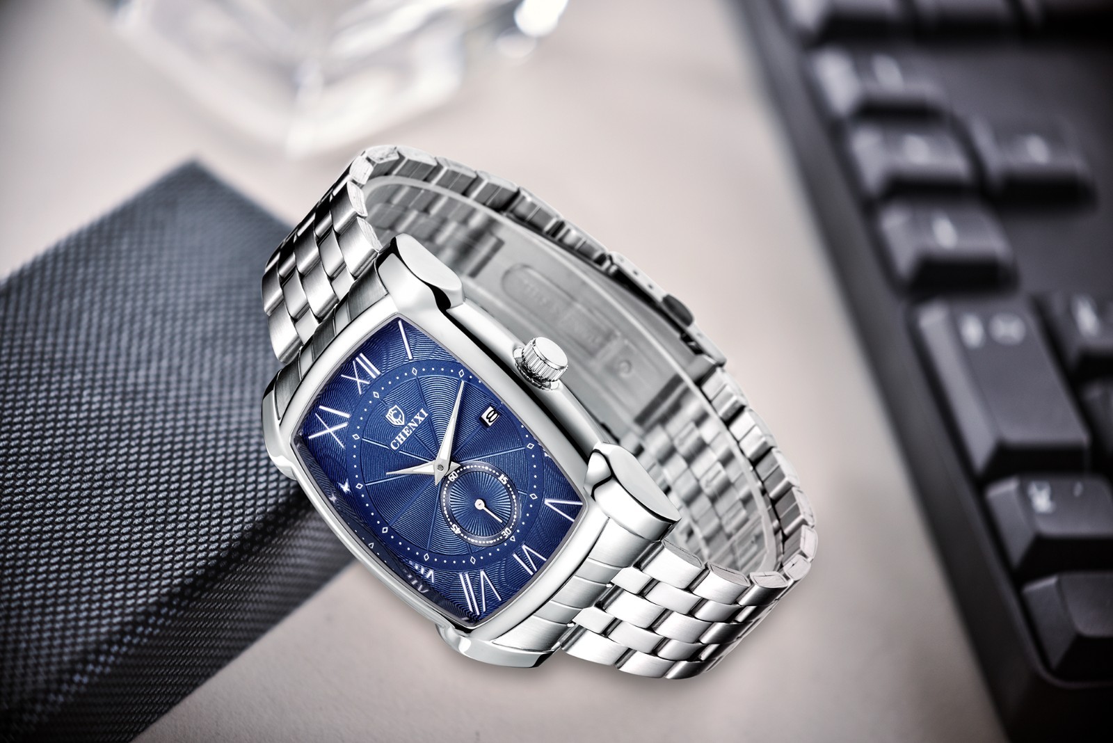 CHENXI Men’s Stainless Steel Rectangle Luminous Business Calendar Quartz Watch