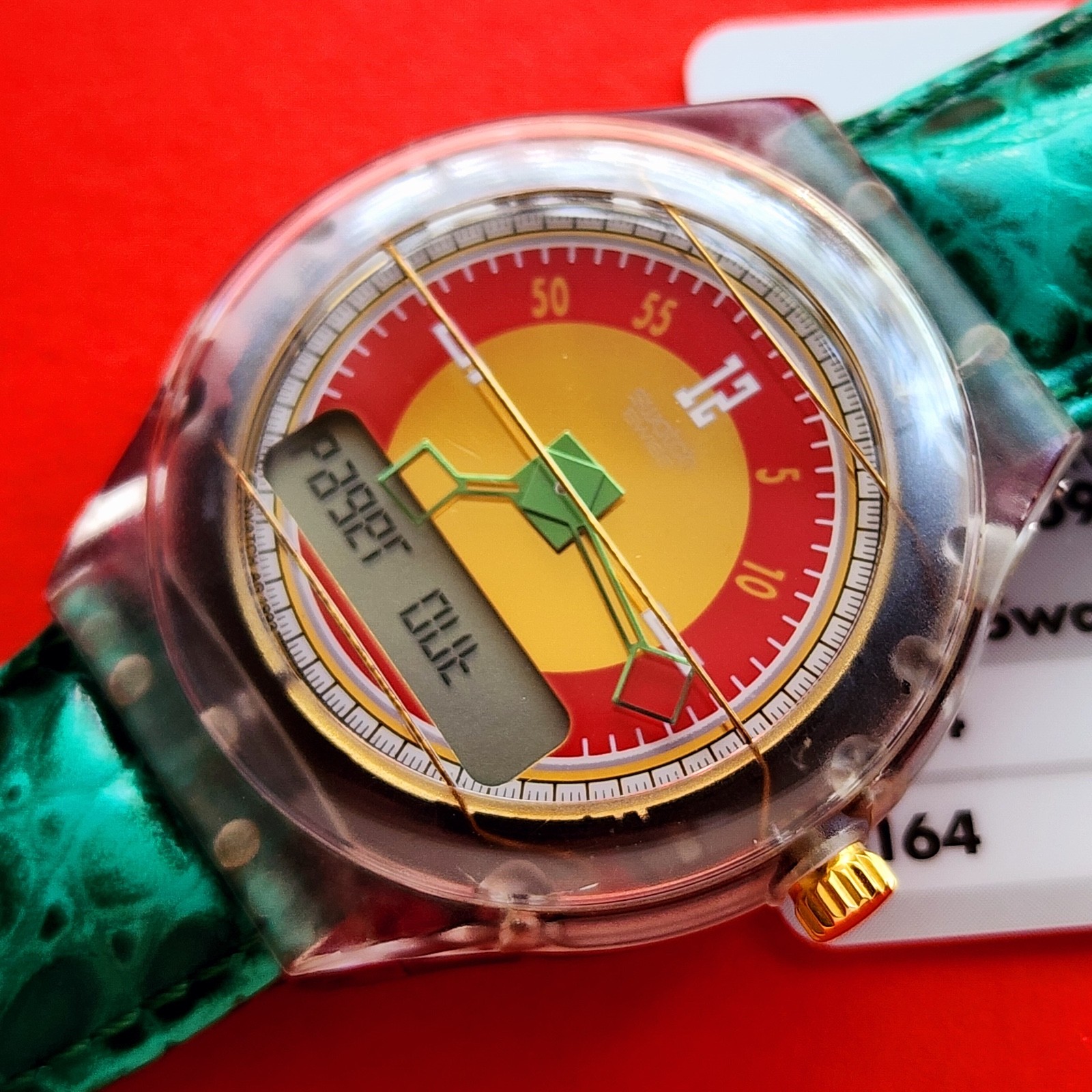 Swatch Beep Numeric Watch Clear & Tool Green Leather Band Pager For Repair