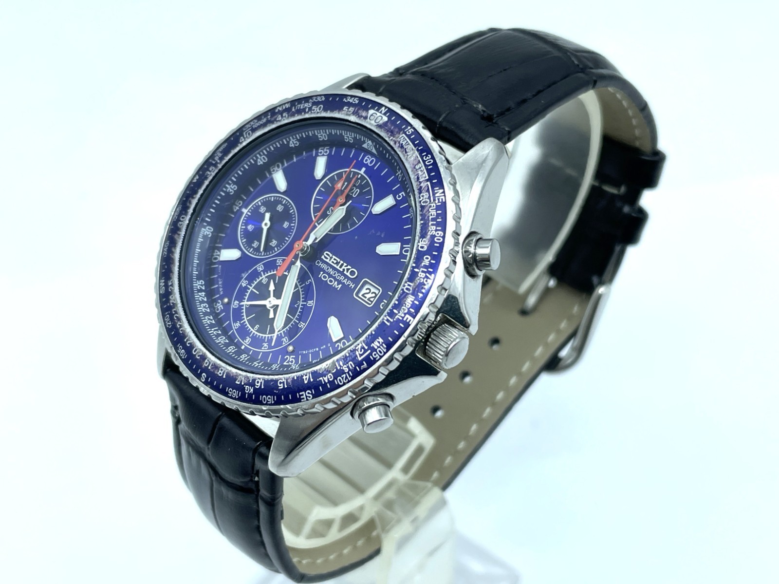 SEIKO Flight master Men’s Chronograph Watch Blue Dial New Band Battery 7T92-0CF0