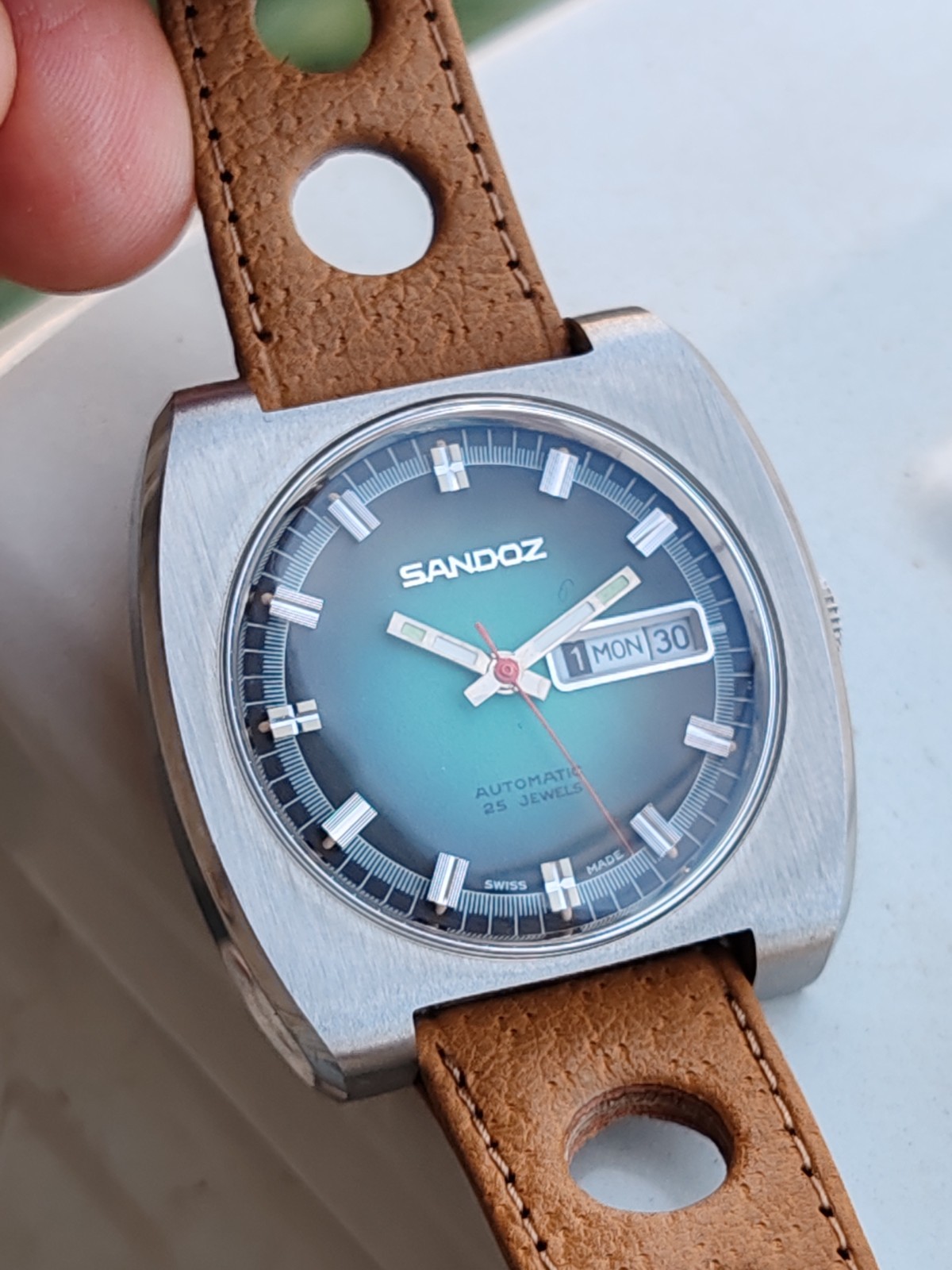 Sandoz Automatic 1746Z-84-8 Teal Gradient Dial Vintage 1970s