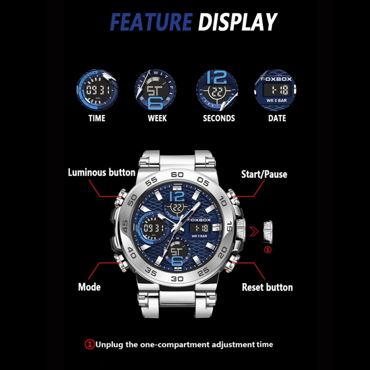 Men Watch Quartz Chronograph Date Luminous 50M Waterproof Sport Wristwatch Gift