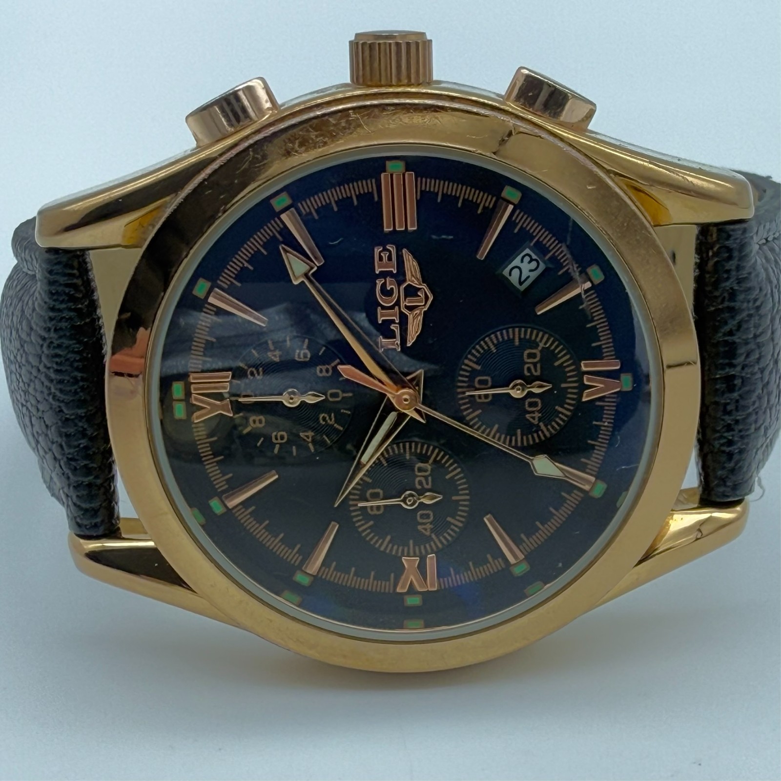 Men’s LIGE Dream Rose Gold Tone Chronograph Date Watch, 41mm, Black Leather