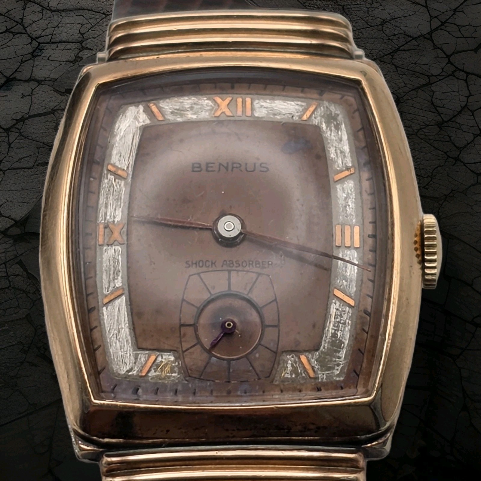 Vintage Benrus Three-Tone Tank Watch Copper Salmon Dial Hooded Lugs RUNNING