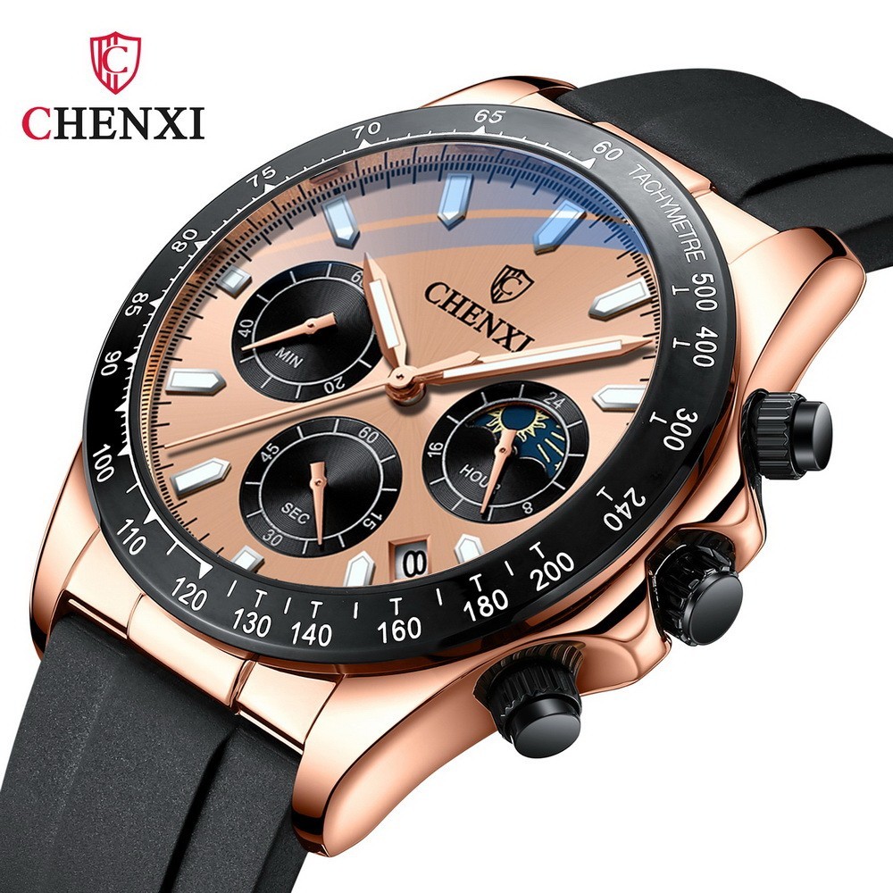 CHENXI Men’s Rose Luminous Calendar Chronograph Moon Phase Business Quartz Watch