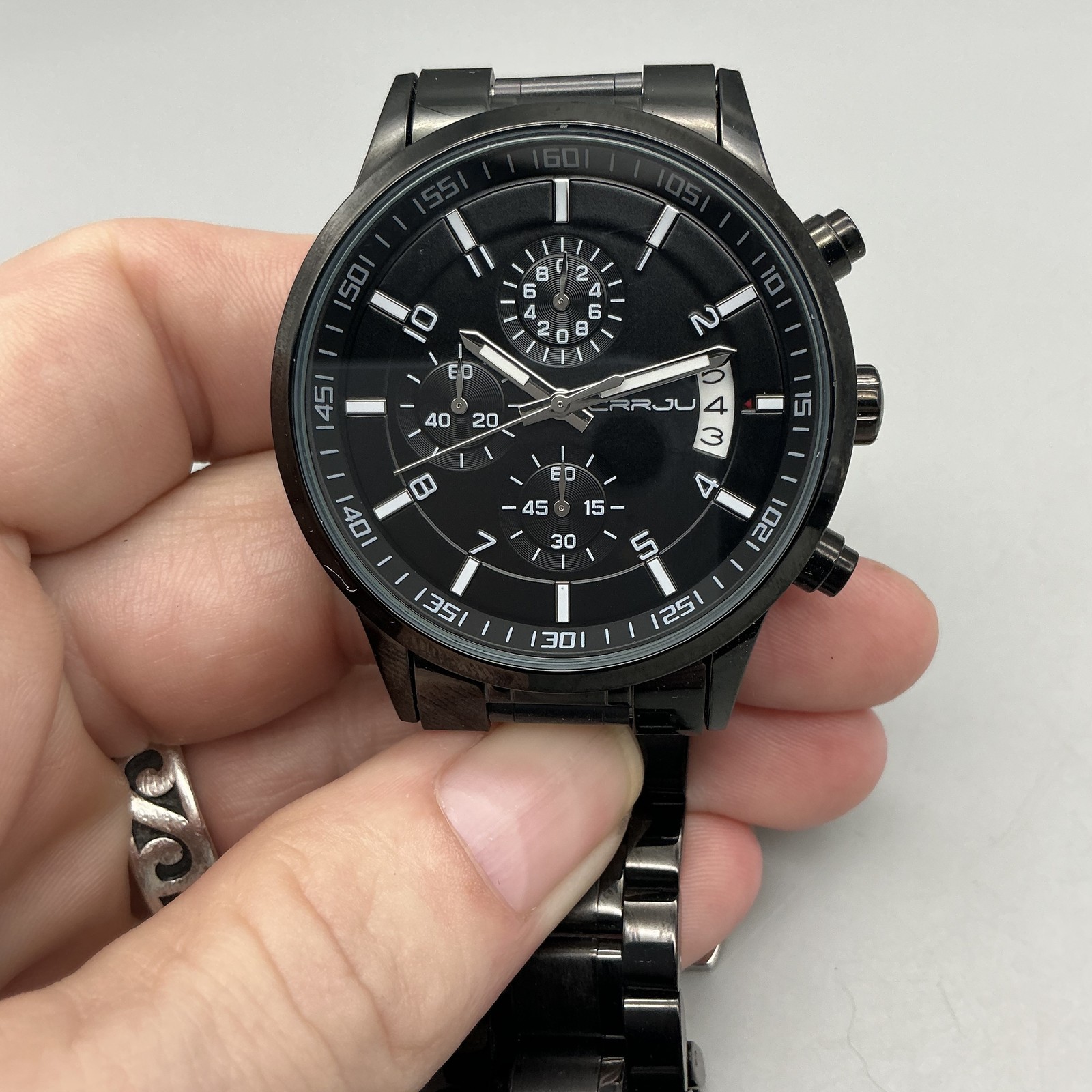 CRRJU Mens Watch 42mm Black Dial Black Stainless Chronograph Date 2214 8.25″