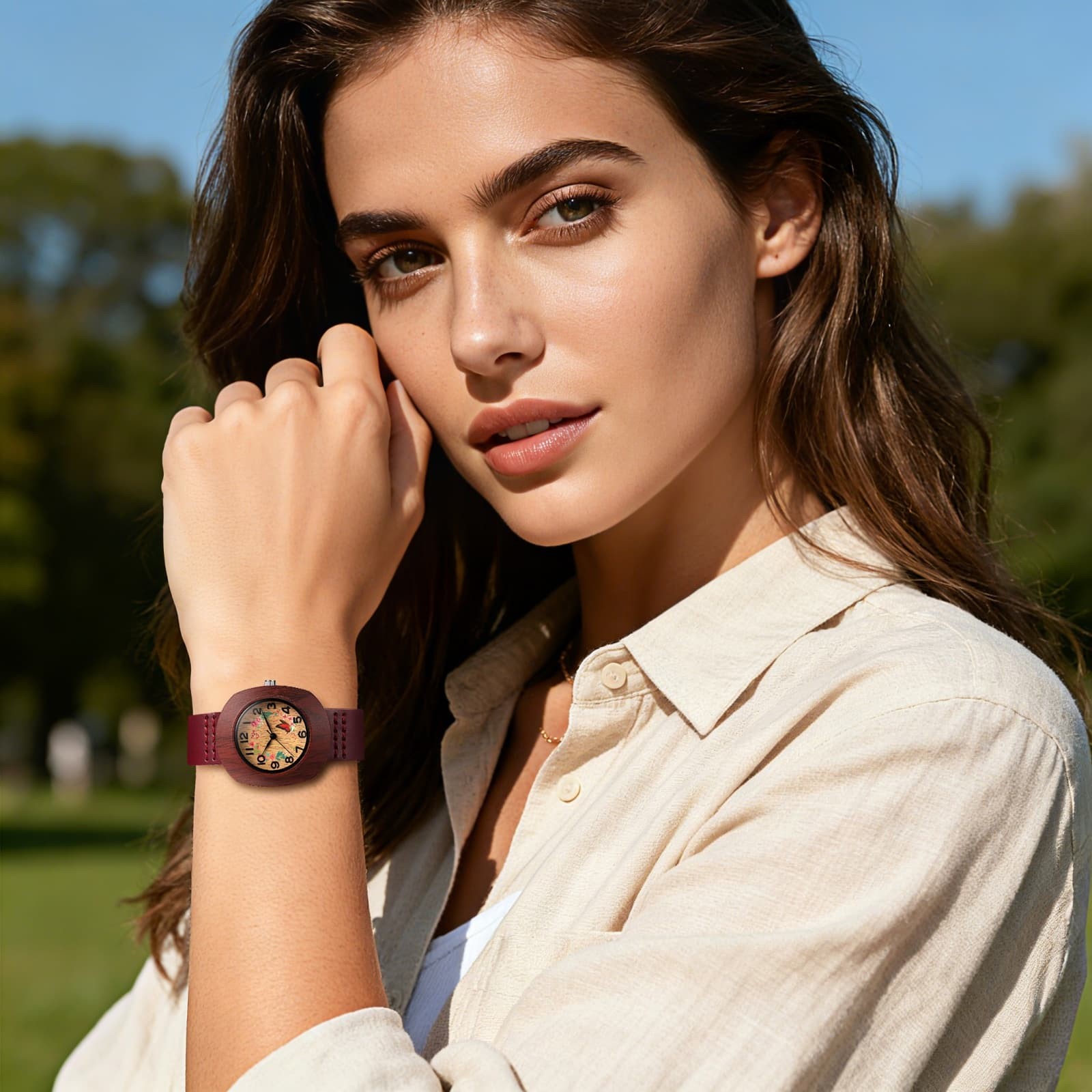 Women’s Floral Barrel Case Arabic Numeral Dial Genuine Leather Band Wrist Watch