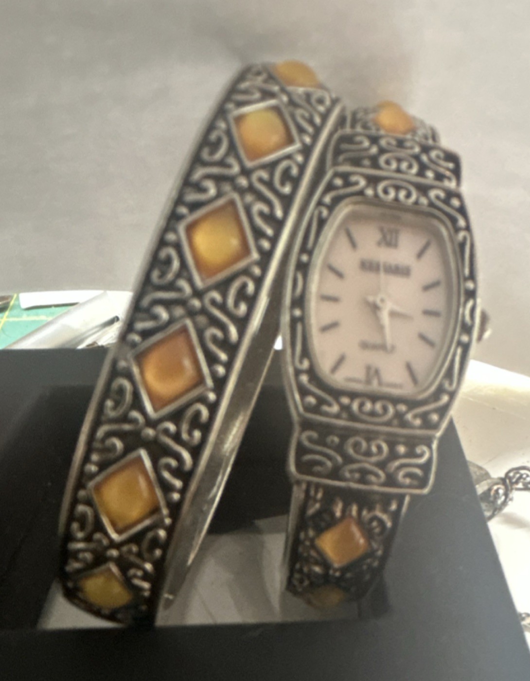 Vintage Women’s Silver Tone Bangle Quartz Analog Rectangle Watch Orange Accents