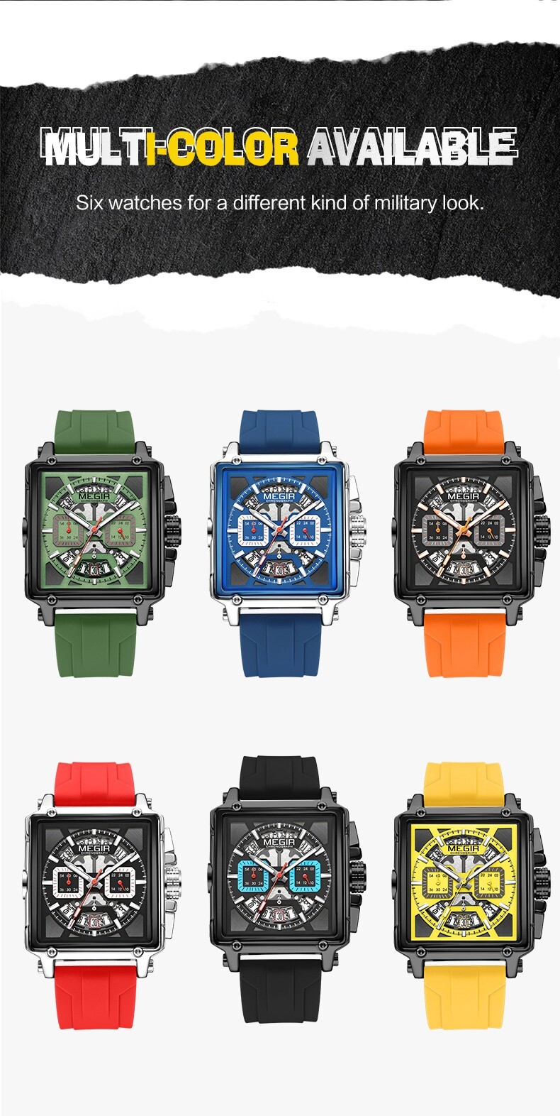 MEGIR Monaco Chronograph Calibre Homage Luminous Auto Date Square Men’s Watch