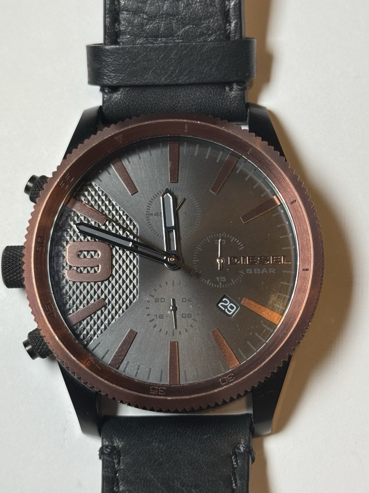 Diesel Brave Men’s Watch Quartz Analog Date Black Dial Leather Strap 51mm 5 ATM
