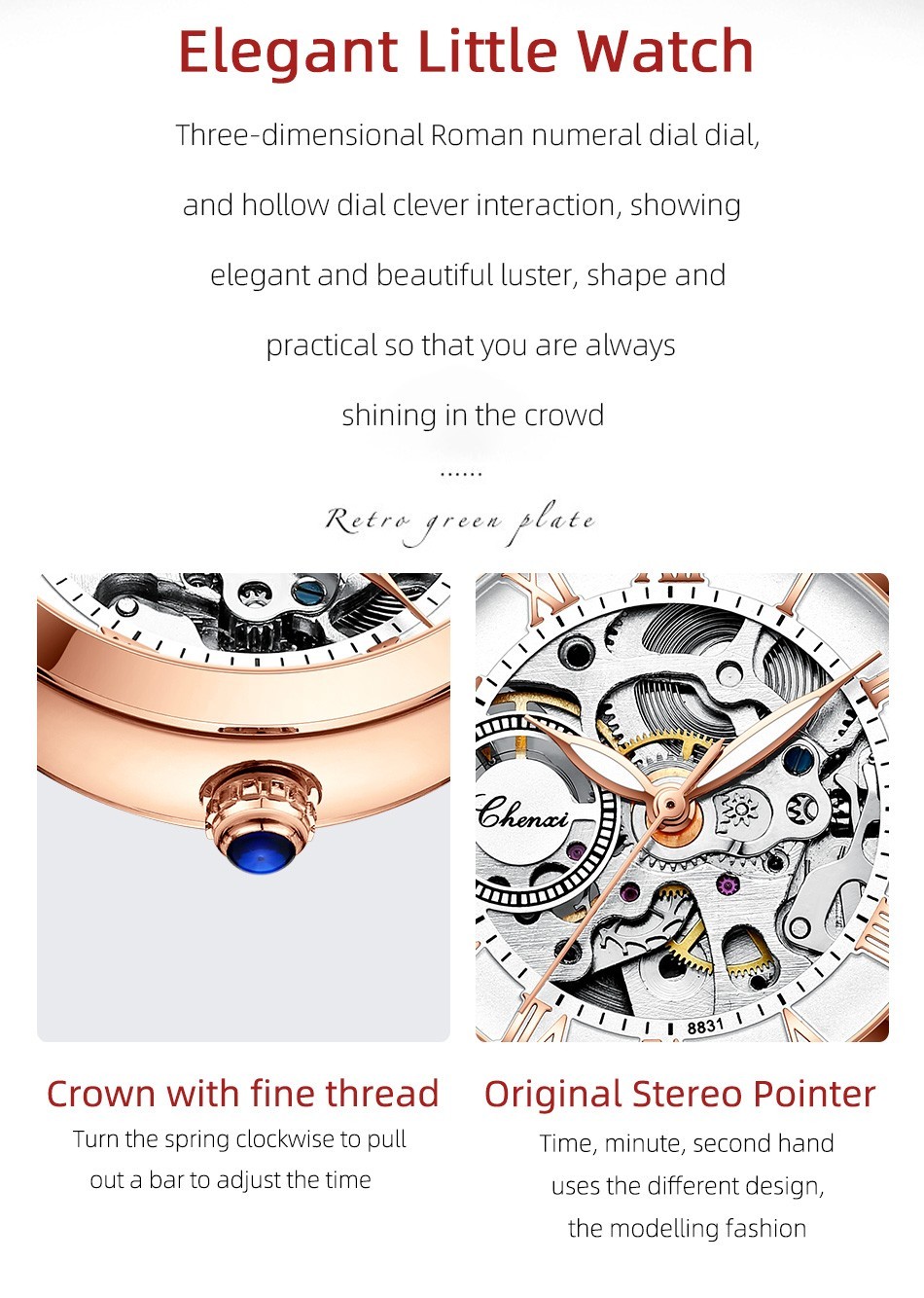 CHENXI Women’s Gril Female Hollow Out Roman Numerals Automatic Mechanical Watch