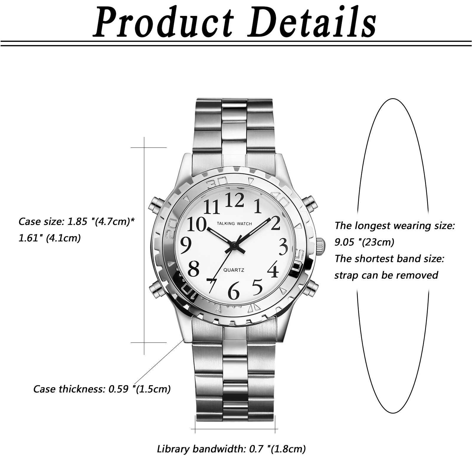 Mens English Time Talking Alarm Elderly Blind Quartz Wrist Watch Stainless Steel