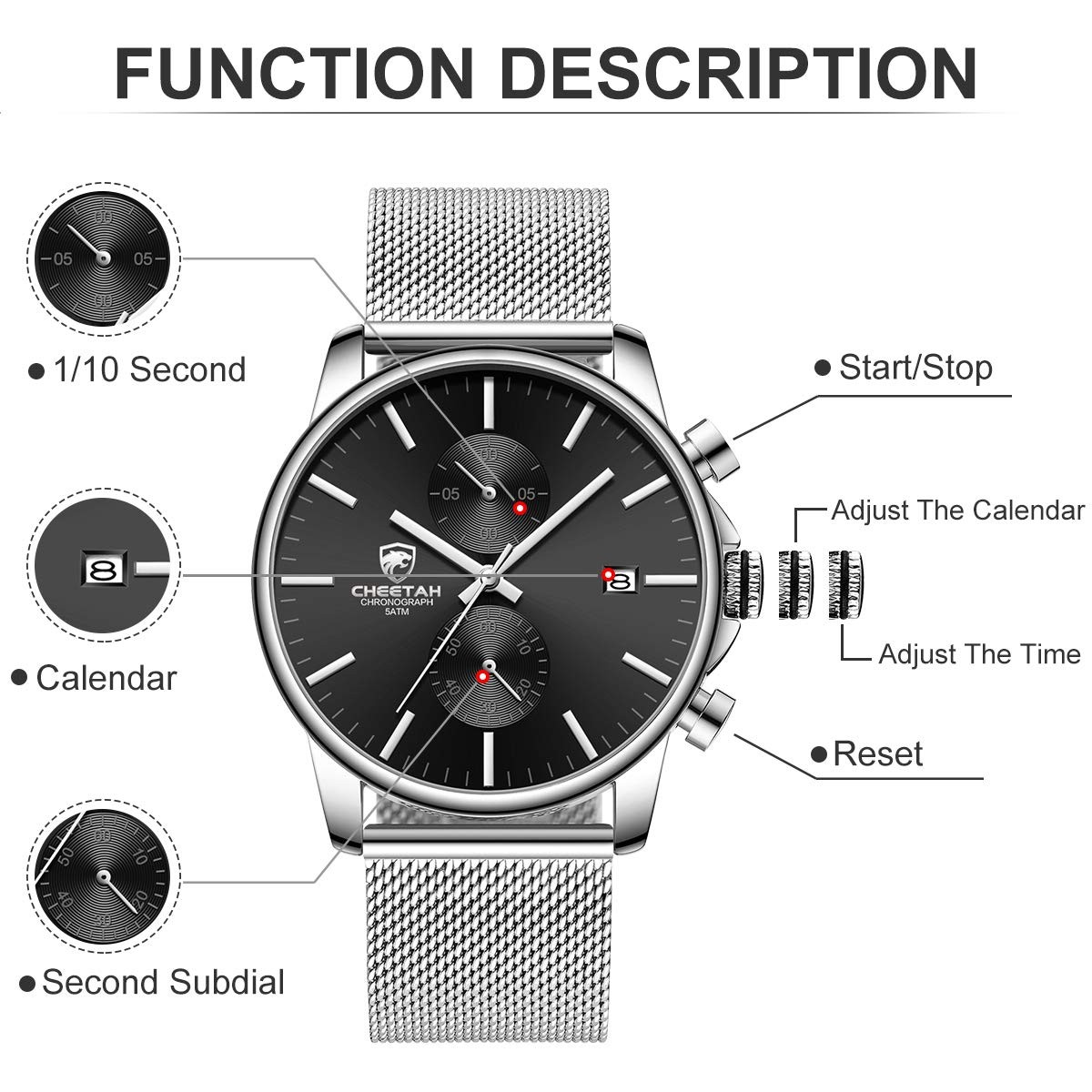 GOLDEN HOUR Men’s Watch Fashion Sleek Minimalist Quartz Analog silver black