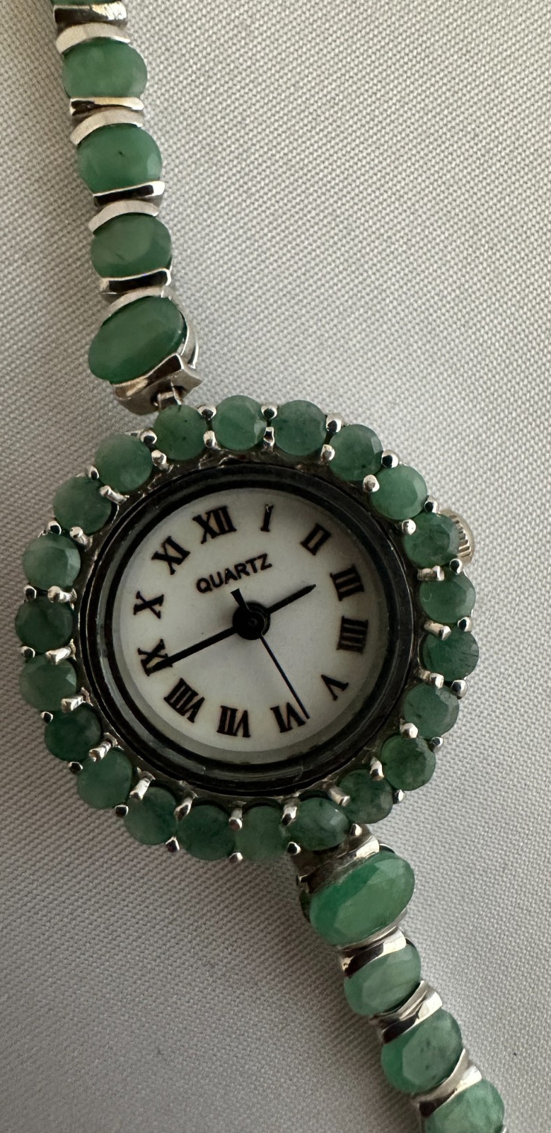 Natural Green Emerald Quartz Wristwatch Tennis Bracelet, 925 SS Bracelet – Bezel