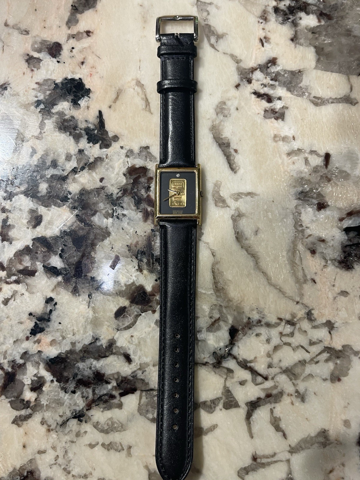 Sandoz Credit Suisse Swiss Made Quartz Square Analog Black/Gold Dial Leather