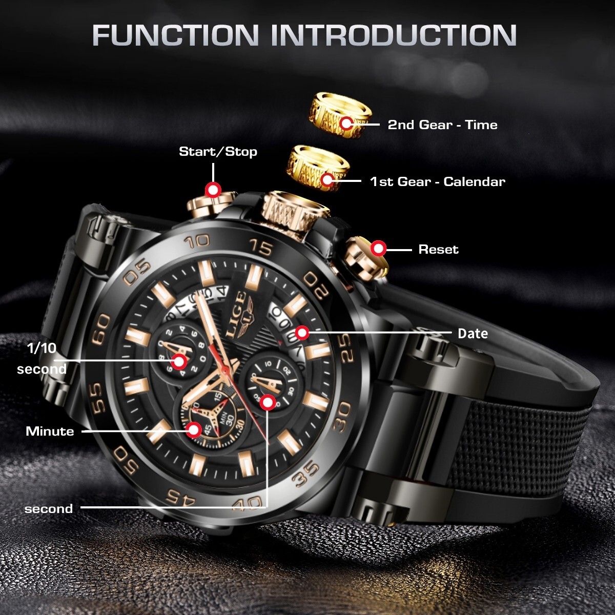 LIGE Men Watch Quartz Chronograph Date 50M Waterproof Sport Diver Man Wristwatch