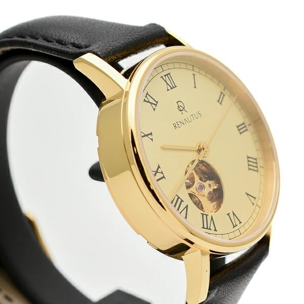 RENAUTUS Automatic Wristwatch Ivory Dial Stainless Steel Black Leather Band