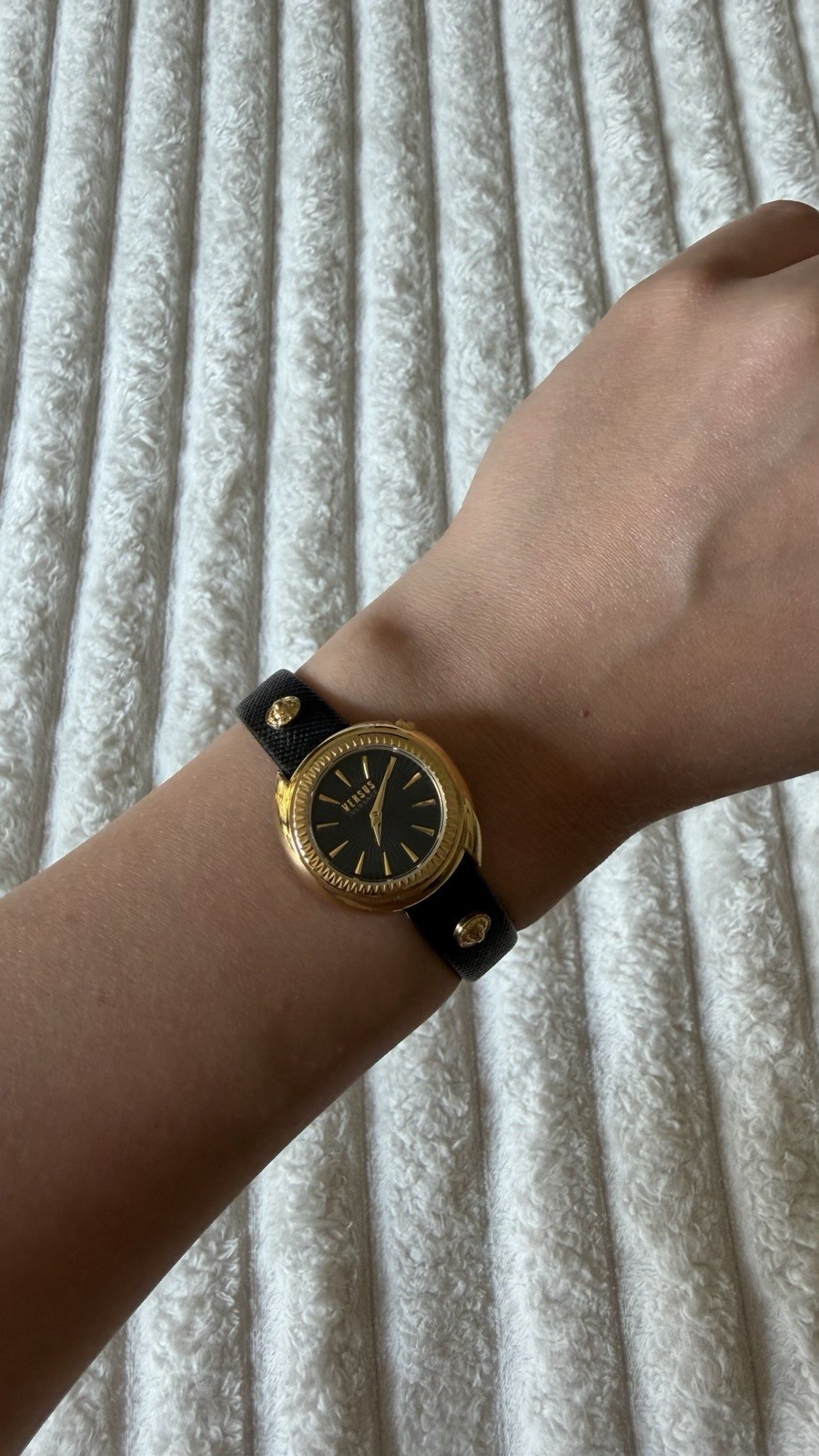 Versus Versace Women’s Quartz Watch Gold Tone Case Black Dial Leather Strap