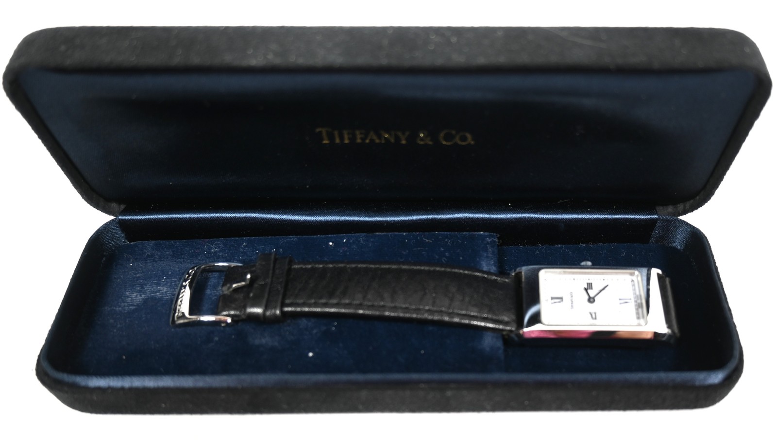 MENS TIFFANY & CO DRESS WATCH White Roman Numerals Dial Black Leather Band, Case